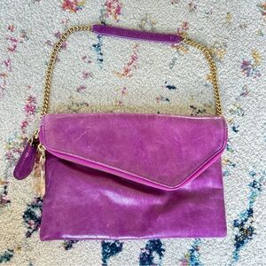 Henri Bendel purple envelope clutch with attached mirror